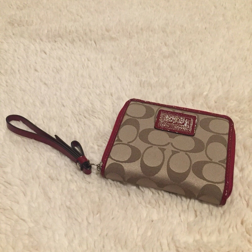 Coach Poppy Signature Tan Red Wallet Wristlet